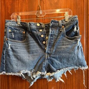 Levi's Distressed High-Rise Button-Fly Denim Shorts - Blue